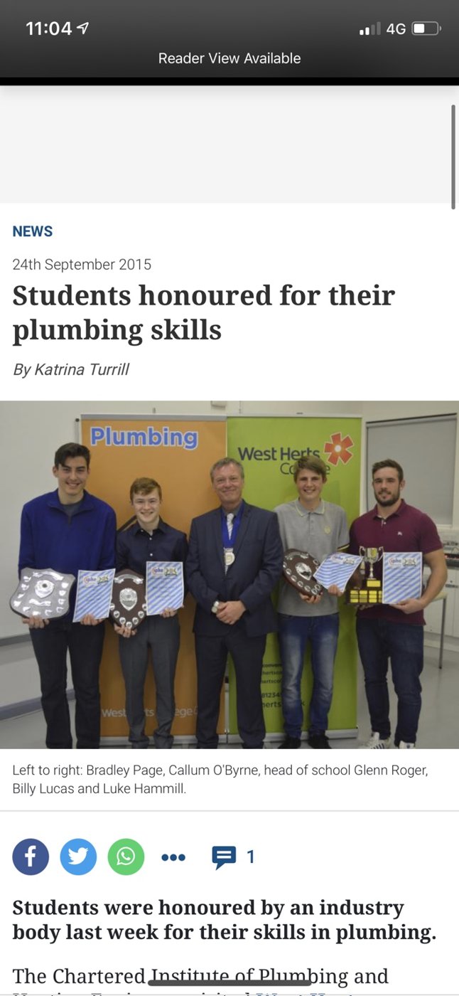 West Herts College plumbing skills recognition article